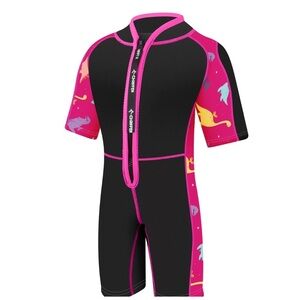 Chriffer Kids Wetsuit Size Large Pink/Black Dino Print Details Short Sleeve Girl